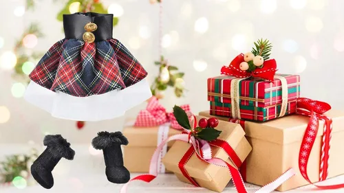 Vista 3 de E-TING Santa Clothing Vestido a cuadros rojo-azul con botas para muñeca elfo Accesorios de disfraz perfectos para decoración navideña de muñecas