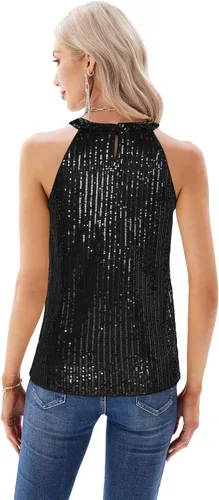 Vista 4 de GRACE KARIN Camisetas halter de lentejuelas para mujer, sin mangas, brillantes, fruncidas, fluidas, brillantes, para club, camisa de fiesta