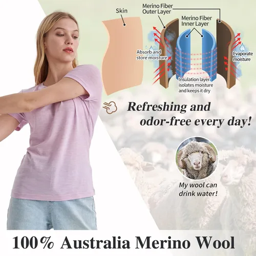 Vista 4 de Merino Protect Camisetas 100% de lana merino para mujer, cuello redondo, manga corta, resistencia al olor, capa base, viajes, senderismo, camiseta