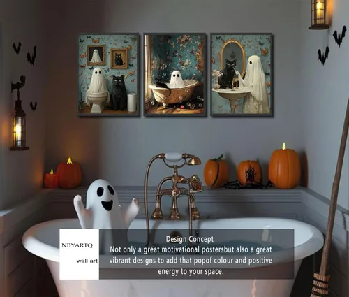 Vista 5 de NBYARTQ Pósteres de Fantasmas de Halloween Arte de Pared Juego de 3 Impresiones de Terror Espeluznante Academia Oscura Fantasma y Gato Negro