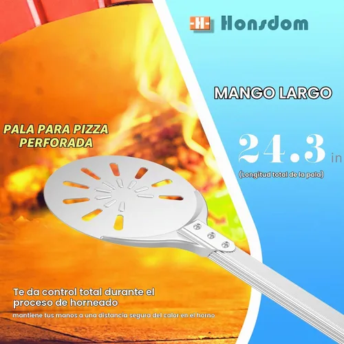 Vista 4 de Cáscara giratoria de pizza, 8 pulgadas, mango largo perforado de aluminio con gancho de silicona, accesorios para horno de pizza