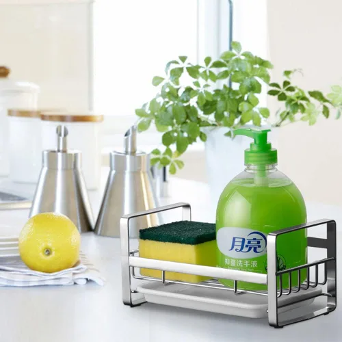 Vista 7 de Soporte para esponja de cocina, organizador de fregadero de cocina, bandeja para fregadero, soporte para jabón, acero inoxidable, plateado