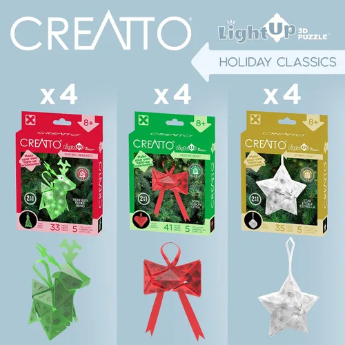 Vista 3 de Creatto Holiday Classics - Reno salpicado, estrella brillante, arco festivo iluminado, kit de rompecabezas 3D Juego de regalo de 12 piezas