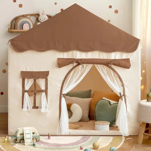 Vista 11 de Tienda de campaña para niños con doble puerta castillo de juegos para niños - Beige Kids Tent with Mat, Two Doors Fantasy Adventure Play House for