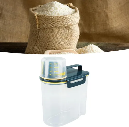 Vista 3 de Recipiente de almacenamiento de arroz, dispensador de arroz de plástico con taza medidora, dispensador hermético de granos con escala Claer, 3.3 lbs
