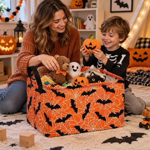 Vista 7 de Cesta de almacenamiento de Halloween, diseño de tela plegable con diseño de araña, murciélago y calabaza, con asas de cuero, organizador de estante