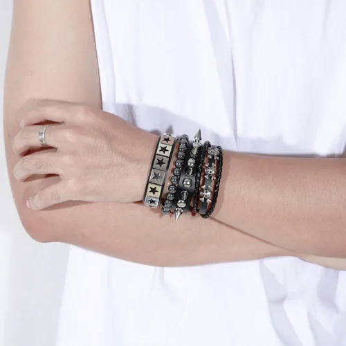 Vista 2 de MILAKOO Juego de 4 pulseras de estilo gótico con hebilla de calavera y estrella, ajustable, joyería punk vintage