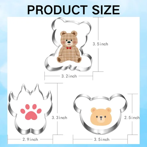 Vista 6 de LUBTOSMN Juego de cortador de galletas de oso - 3 piezas: cabeza de oso, patas y lavavajillas, formas seguras para baby shower y horneado
