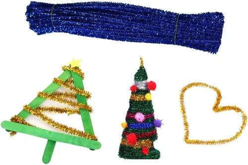 Vista 5 de 200 tallos de felpilla de oropel brillante a granel, palitos con alambre para manualidades, bodas, hogar, fiestas, decoración navideña (azul dorado)