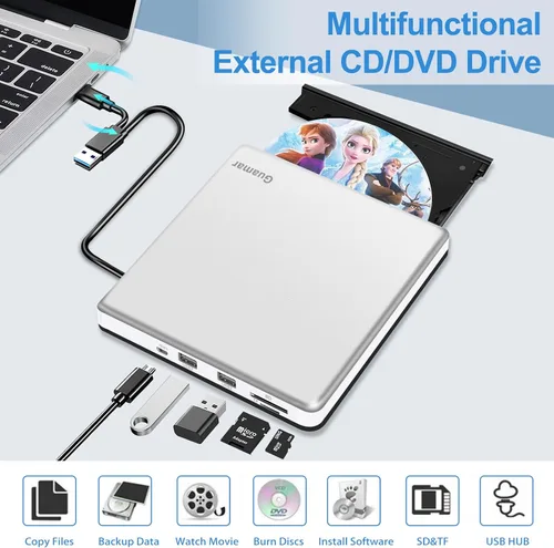 Vista 9 de Guamar Unidad de CD externa para Mac: Reproductor de quemador de DVD portátil para PC portátil con Windows 11 con ranura SD/TF 2 puertos USB - USB-C