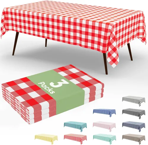 Vista 34 de Smiry Paquete de 3 Manteles Desechables de Cuadros Gingham Color Caqui - 54" x 72" Mantel de Plástico de Servicio Pesado, Cubiertas de Mesa