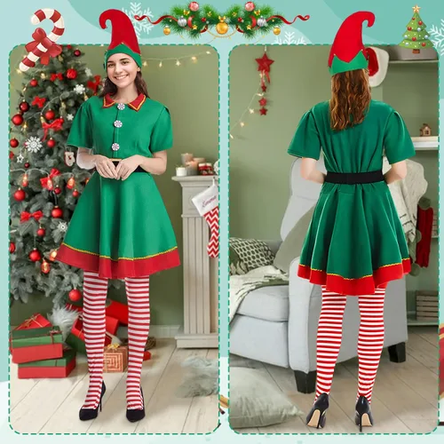 Vista 5 de Forfamy Disfraz de elfo de Navidad para adultos, hombres, mujeres y niños, disfraz festivo de Papá Noel, sombrero de elfo, orejas, accesorios