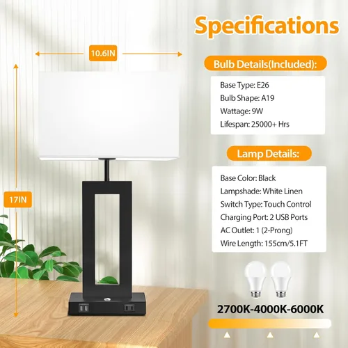 Vista 5 de Kondras Juego de 2 lámparas de mesa para dormitorios, 3 temperaturas de color, control táctil, lámparas de noche con 2 puertos USB y salida de CA