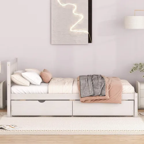 Vista 4 de HomSof Cama de plataforma de madera de diseño moderno con cabecero y 2 cajones, color blanco
