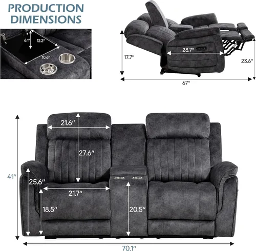 Vista 2 de Zero Gravity - Sofá biplaza reclinable eléctrico con reposacabezas ajustable, sofá reclinable eléctrico con consola, sofá reclinable eléctrico