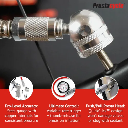 Vista 4 de Prestaflator - Inflador de neumáticos para bicicleta, herramienta de compresor de aire Presta & Schrader, funciona con neumáticos sin cámara