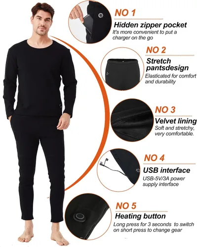Vista 4 de Conjunto de ropa interior térmica térmica eléctrica para hombre, ropa interior deportiva de invierno al aire libre con batería y caja