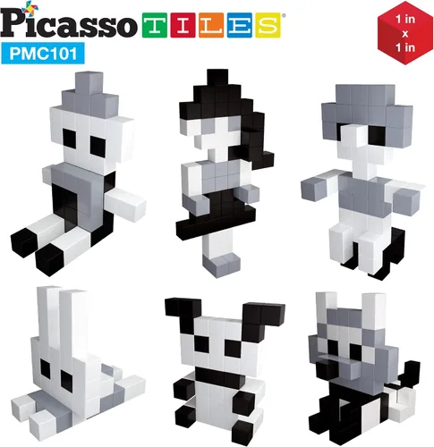 Vista 7 de PicassoTiles Cubo magnético de rompecabezas de 60 piezas + 101 piezas, juego de bloques de construcción con imán en blanco y negro, ideabook gratis