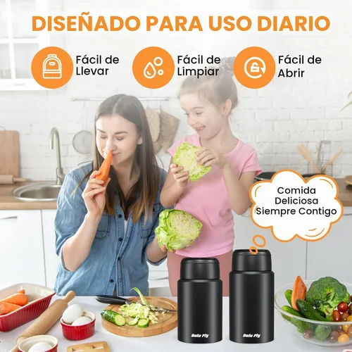 Vista 4 de Tarro de comida aislado de acero inoxidable, paquete de 2 unidades para trabajo y viajes, color negro Vacuum insulated thermos keeps soup/pasta