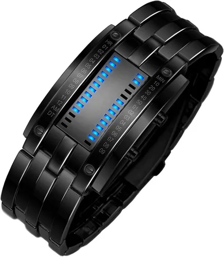 Vista 2 de FANMIS Reloj de pulsera rectangular de cuarzo de acero inoxidable con LED binario para hombre