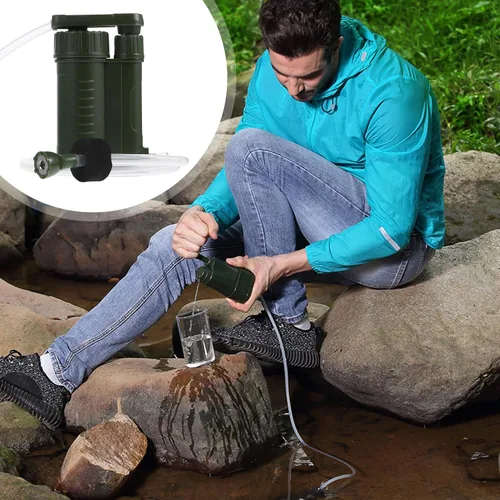 Vista 6 de Bomba de filtro de agua portátil para camping, senderismo, supervivencia, verde, militar, ligero, purificador de agua personal para uso
