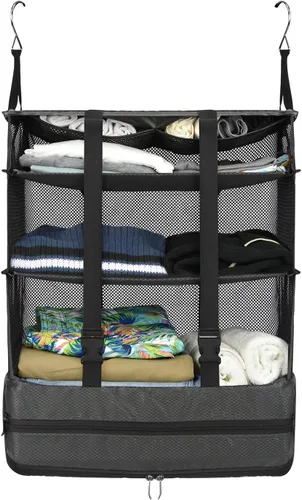 Vista 2 de Traveler's Choice Organizador de maleta expandible con compresión, diseño que ahorra espacio y ganchos de suspensión rápida, Negro -, Estantes