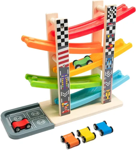 Vista 10 de Wood City Set de Juguetes de Rampa y Carrera de Coches de Madera con 4 Coches en Miniatura y Pistas de Carrera, Juguetes para Niños de 1, 2, 3 Años