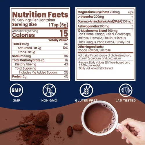 Vista 2 de Chocolate caliente de hongos para la calma, 50 porciones de cacao en polvo 10 suplementos de hongos con glicinato de magnesio, L-teanina