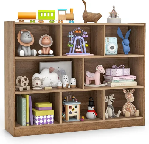 Vista 16 de KOTEK Organizador de almacenamiento de juguetes, estantería infantil de 5 cubos, estantería de madera de 3 niveles, estante abierto para guardería