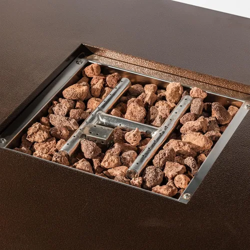 Vista 2 de Mesa para fogata de propano de 28 pulgadas, mesa de fuego de 50,000 BTU con tapa de acero, patas grandes, rocas de lava, pozo de fuego seguro