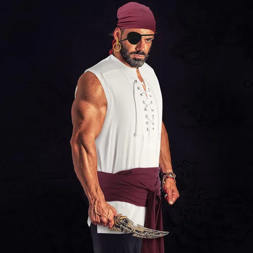 Vista 5 de Boyiee Juego de 5 piezas de disfraz de pirata para hombres y mujeres, camisa medieval renacentista, bandana, cinturón para Halloween, fiesta
