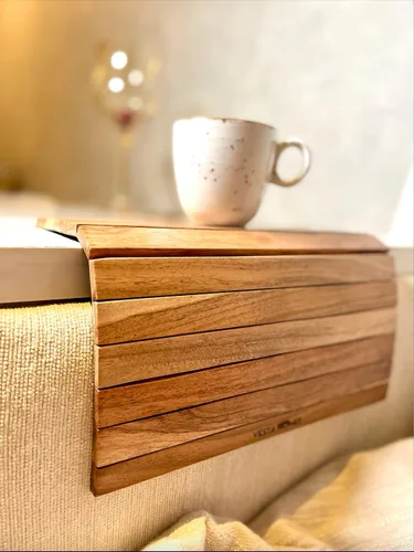 Vista 7 de Vesta Homes Bandeja para reposabrazos de sofá, madera de acacia premium, bandeja de sofá flexible y plegable, mesa de brazo y reposabrazos, adecuada