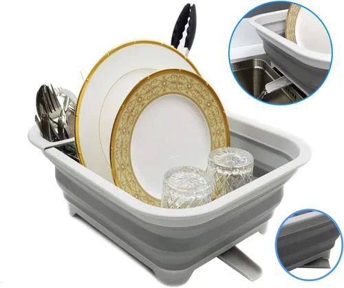 Vista 6 de SAMMART Escurridor de platos plegable de 3.17 galones con boquilla giratoria, organizador de vajilla portátil, bandeja de almacenamiento de cocina