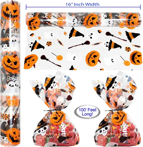 Vista 2 de AnapoliZ Rollo de celofán de Halloween 100 pies de largo x 16 pulgadas de ancho 2.3 mil de grosor, transparente con diseños de Halloween