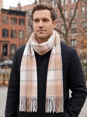 Vista 2 de Fuinloth Plaid Scarf Men Women, Large Tartan Shawl Wrap, Winter, 79 Inch Marrón rosa