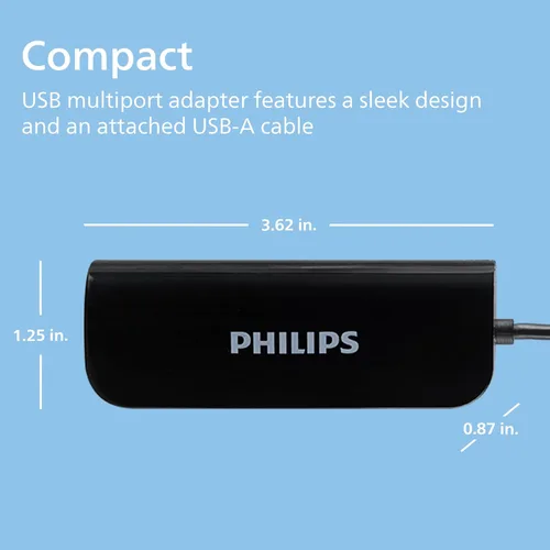 Vista 15 de Philips Concentrador multipuerto USB-C, con pantalla HDMI 4K, 10bps y 2 puertos de datos USB-A de 5 Gbps, entrega de energía de 100 vatios, conector
