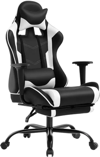 Vista 9 de BestOffice Silla ergonómica para juegos Negro Silla reclinable para computadora con soporte lumbar, almohada reposacabezas y reposapiés