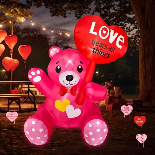Vista 3 de SEASONBLOW Oso inflable de 4 pies para el día de San Valentín con corazón iluminado por LED, decoración para patio, césped, jardín, hogar, fiesta