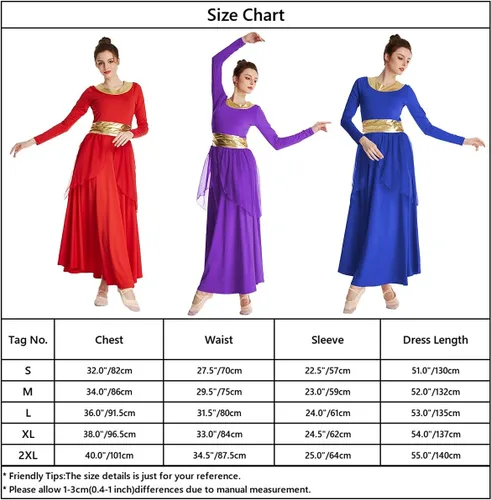 Vista 7 de MYRISAM Mujeres Alabanza Bata de Baile Culto Litúrgico Cintura Metálico Vestido de Manga Larga Falda de Gasa Traje Lírico