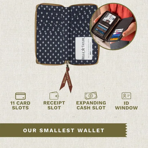 Vista 4 de Bella Taylor Cartera delgada para mujer Cartera con cremallera y protección RFID, Parche primitivo, Patchwork
