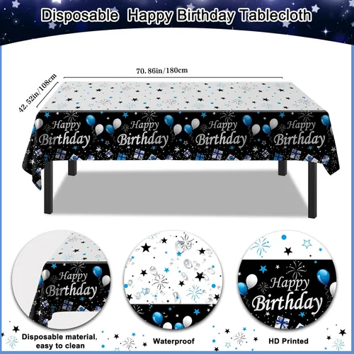 Vista 6 de Decoraciones de cumpleaños para niños, hombres, mujeres y niñas, decoración de fiesta de feliz cumpleaños azul y negro, pancarta de feliz