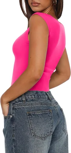 Vista 4 de REORIA Butsmooth - Camiseta sin mangas con cuello en V para mujer, sexy, sexy, casual, con doble forro, sin mangas, adelgazante, para salir
