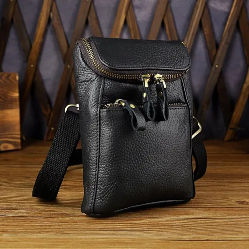 Vista 4 de Mini bolso de mensajero de cuero genuino para hombre, bolso de hombro con gancho en la cintura, bolsa multiusos Daypack caja de regalo