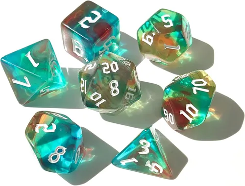 Vista 3 de Juego de Dados D&D de 7 Piezas Verde Transparente Color Mixto – Juego de Dados DND para D&D, COC, TTRPGs, Dungeons and Dragons, MTG, Accesorios