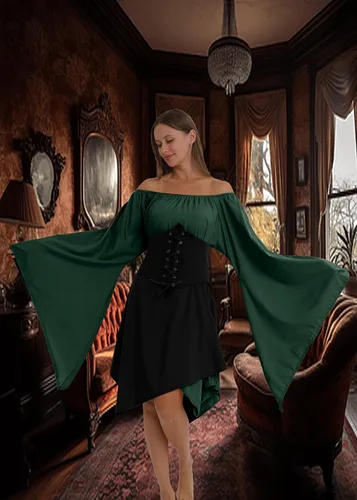 Vista 6 de Vestido medieval élfico irlandés tradicional para mujer, falda de corsé gótico victoriano renacentista (verde y negro, talla S), Verde y negro