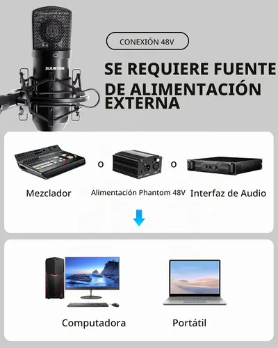 Vista 5 de SUUNTOK XLR Micrófono de condensador de grabación para PC, computadora en casa, estudio, cardioide, podcast, kit de micrófono para transmisión Negro