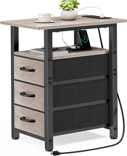 Vista 24 de Vagusicc Mesita de noche negra con estación de carga y luces LED, mesa auxiliar estrecha, mesita de noche LED con 3 cajones de tela para dormitorio