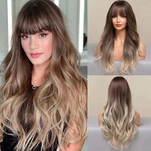 Vista 12 de HAIRCUBE Peluca larga rubia mezclada con marrón con flequillo, pelucas rizadas en capas para mujeres, pelucas sintéticas naturales para uso diario