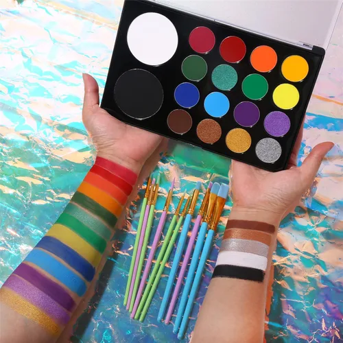 Vista 5 de UCANBE Kit de pintura facial + 10 pinceles de pintura activada por agua, paleta de maquillaje SFX para cosplay, Halloween, kits de pintura facial