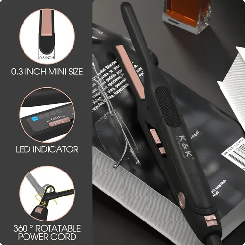 Vista 2 de K&K - Plancha plana mini para cabello corto de 3/10 pulgadas, alisador pequeño para cabello para Pixie y crema de barba, plancha cerámica para Negro